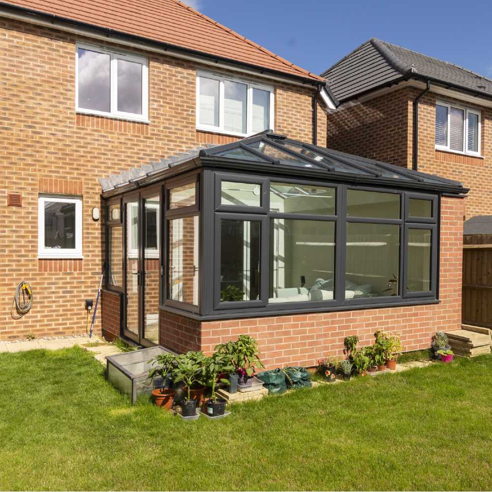 Anthracite Grey UPVC Conservatory Edwardian Glazed Roof with internal Pelmet